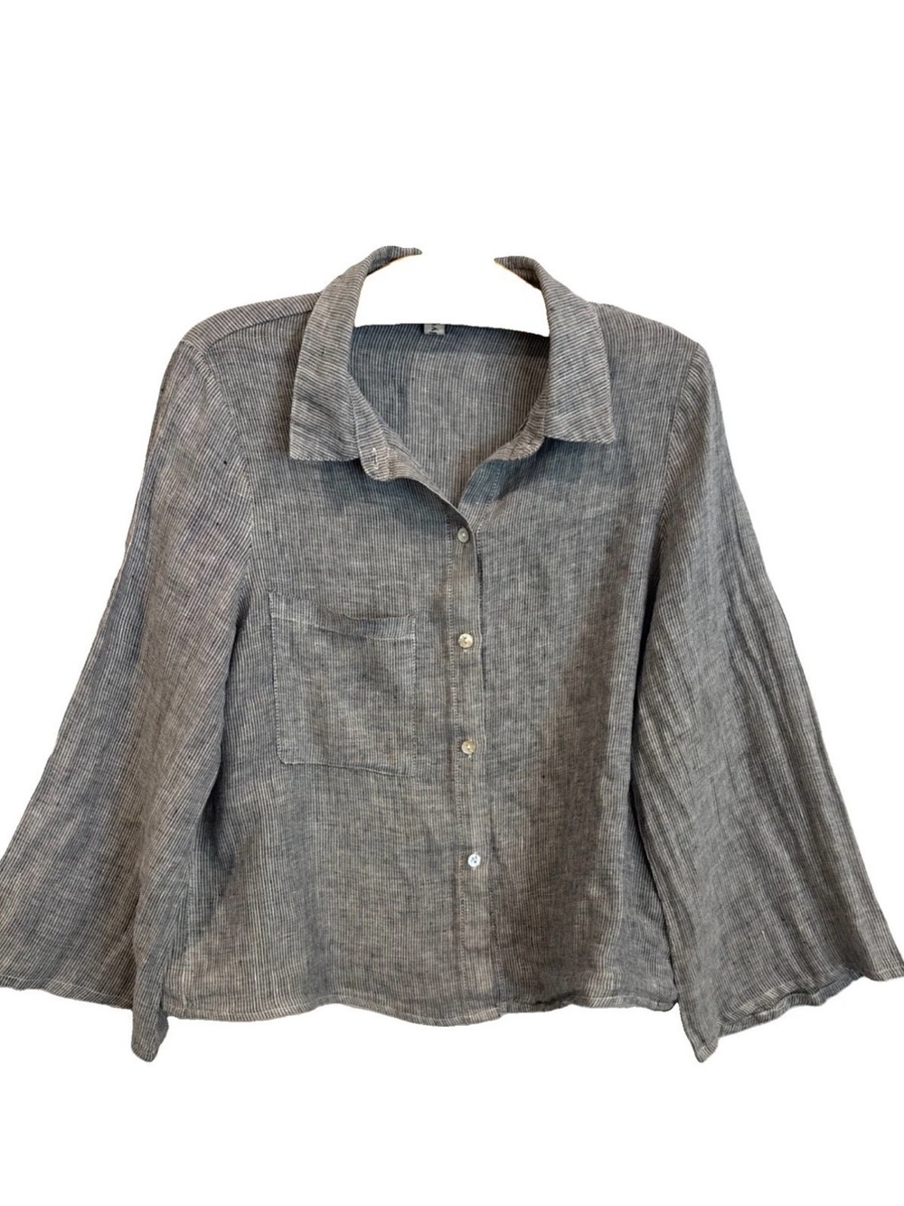 Amazhiyu Relaxed Gray White Stripe Button-Up Linen Blouse Cropped